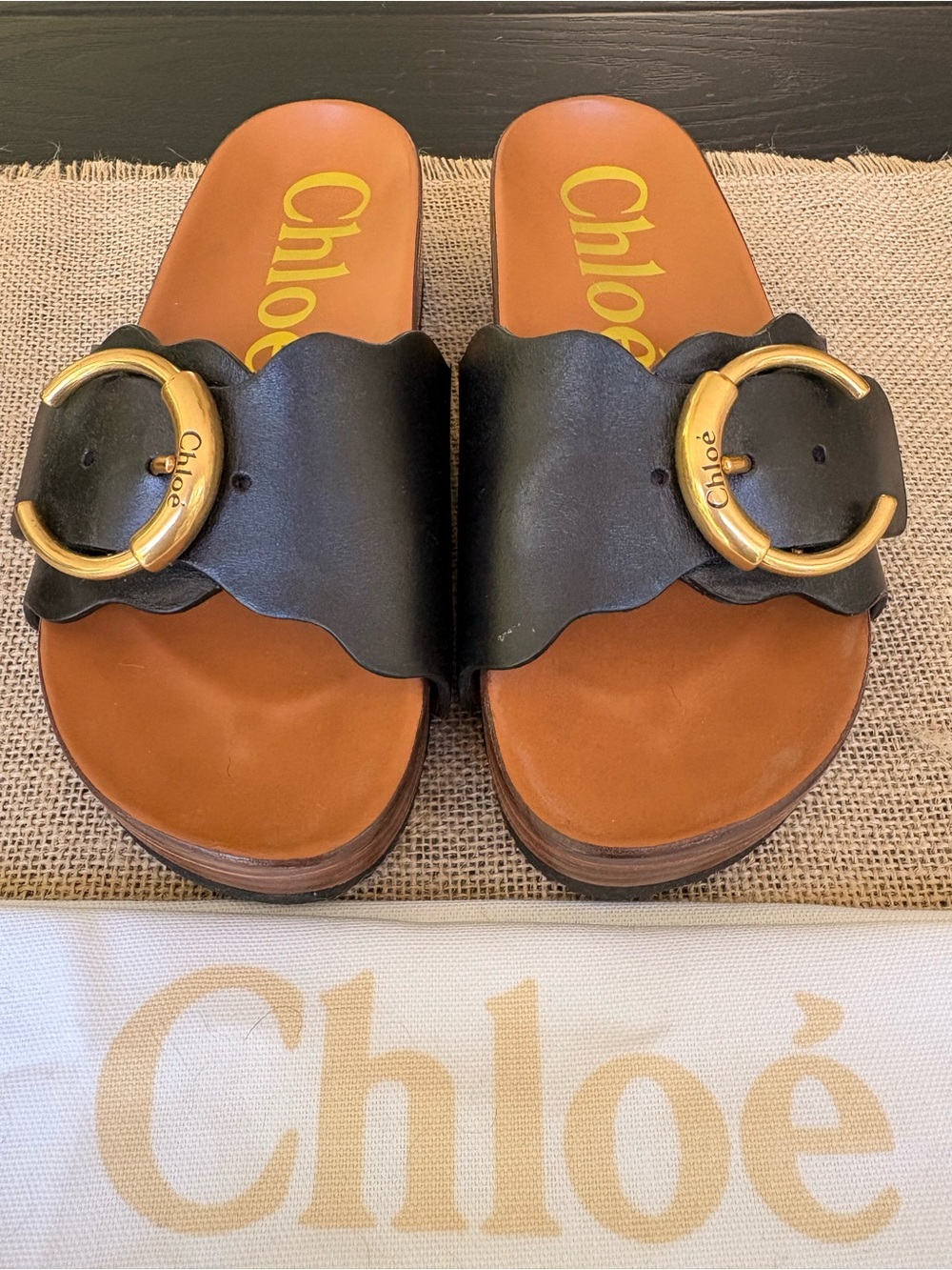 Chloé Black Leather Scalloped Slide Sandals with Gold Buckle
